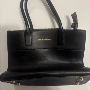 Emporio Armani Black Leather Structured Tote with Gold Accents